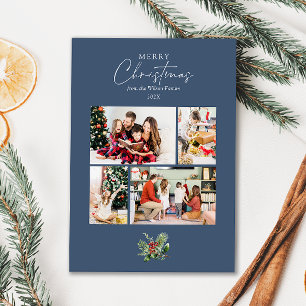 Simple Blue Christmas Photo Collage with Greenery Holiday Card