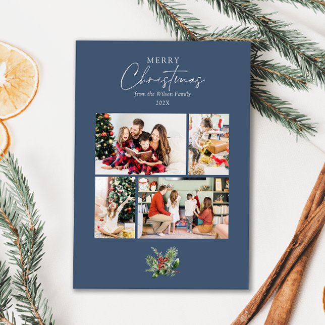 Simple Blue Christmas Photo Collage with Greenery Holiday Card (Creator Uploaded)