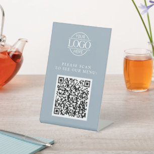Simple Blue Custom Business Logo QR Code Menu  Pedestal Sign