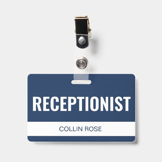 Simple Blue Custom Hotel Receptionist Employee ID Badge (Front with Clip)