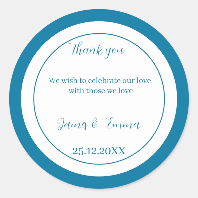 Simple Blue Customised Wedding Classic Round Sticker (Front)