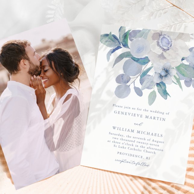 Simple Blue Floral Photo Wedding Invitation (Creator Uploaded)