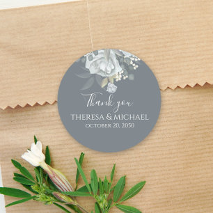 Simple Blue Floral Thank You Elegant Favour  Classic Round Sticker