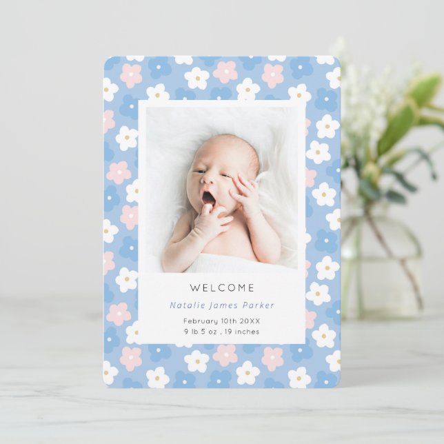 Simple Blue Floral Watercolor Cute Birth Announcement (Standing Front)