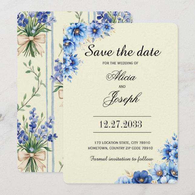 Simple Blue Florals Save the Date (Front/Back)