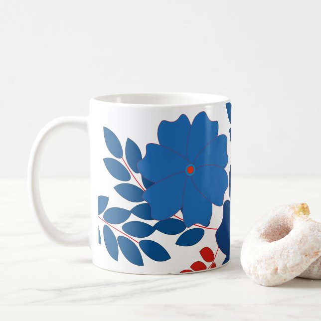 Simple blue flowers vector design coffee mug (With Donut)