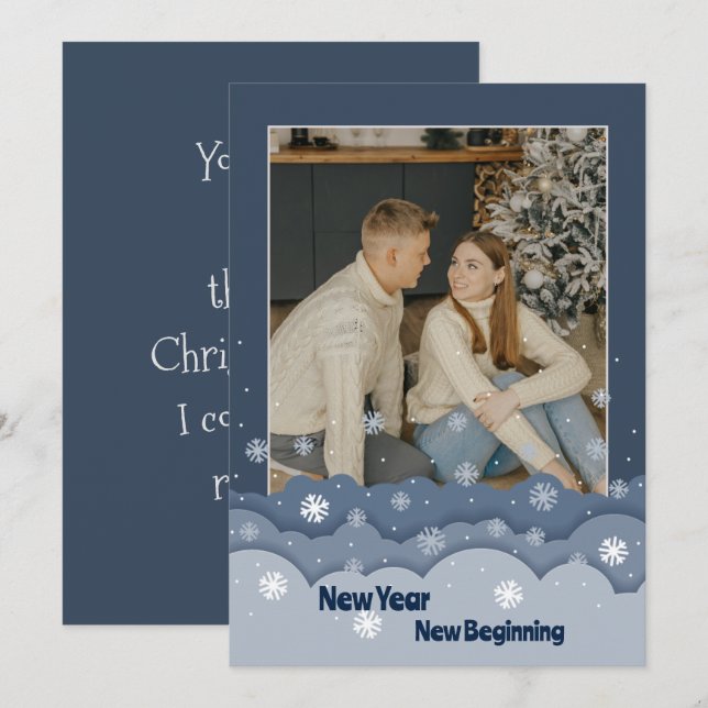 Simple Blue Frame Christmas Photo Holiday Card (Front/Back)