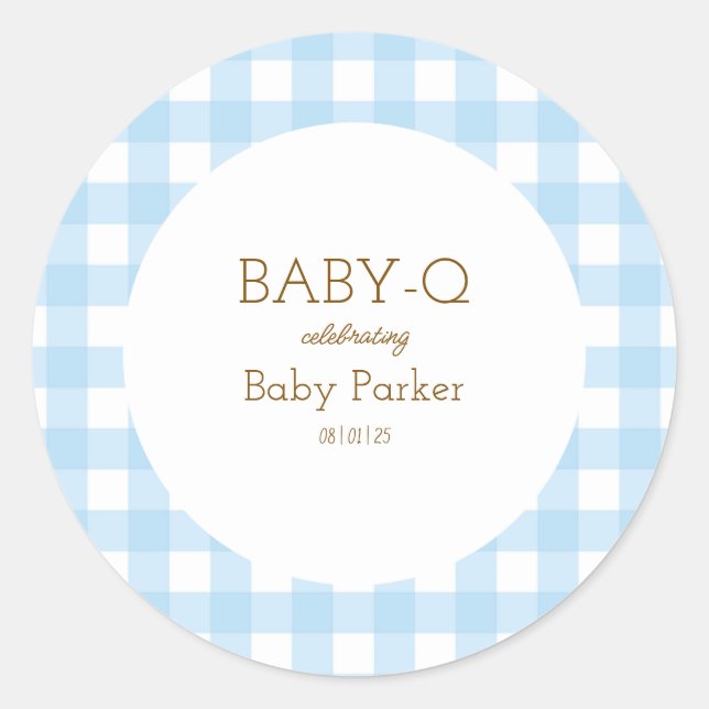 Simple Blue Gingham Baby Shower Sticker (Front)