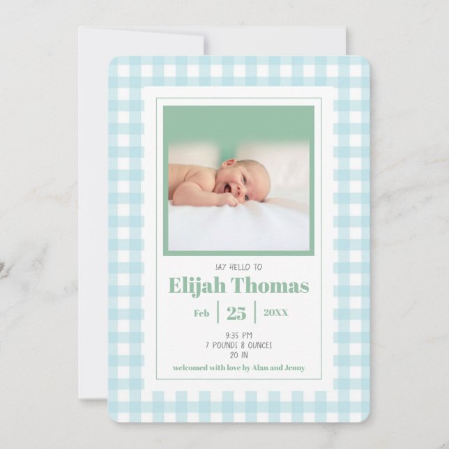 Simple Blue Gingham Photo Custom Newborn Boy Birth Announcement (Front)