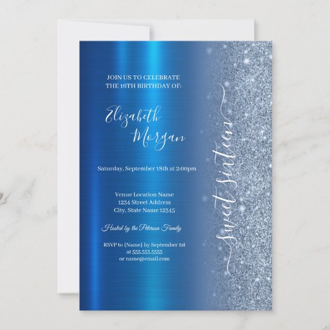 Simple Blue Glitter Metallic Blue Sweet 16 Invitation (Front)