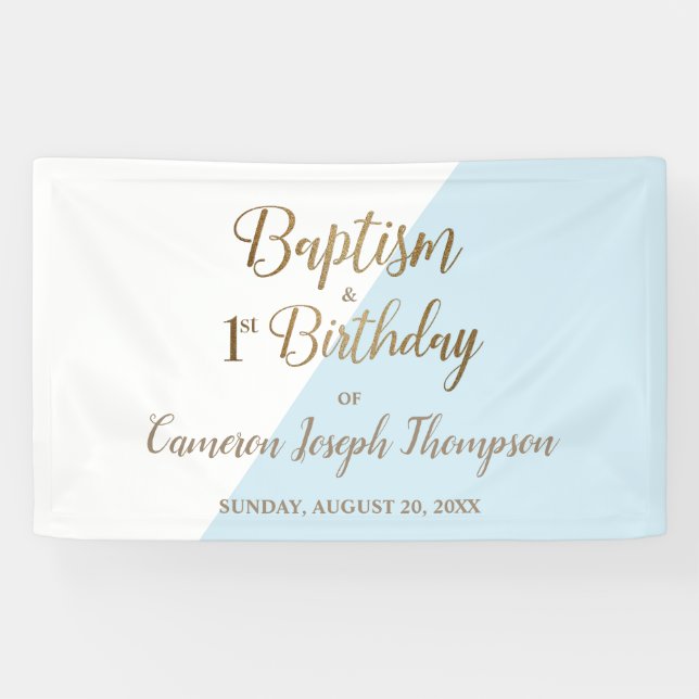 Simple Blue Gold Baby Boy baptism first birthday Banner (Horizontal)