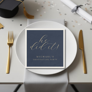 Simple Blue Gold He Did It Graduation Party Napkin