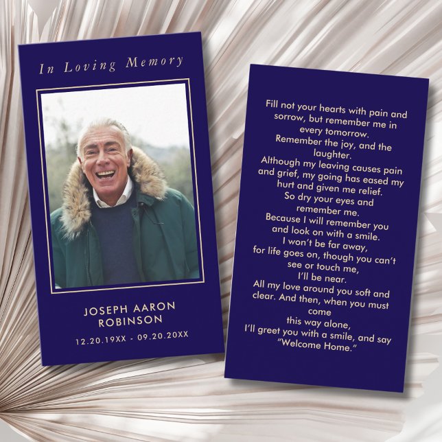 Simple Blue Gold Photo Memorial Prayer Card (Creator Uploaded)