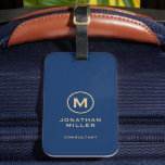 Simple Blue Golden Monogram Luggage Tag<br><div class="desc">Simple modern customisable luggage tag design with bold golden monogram emblem on blue background.</div>