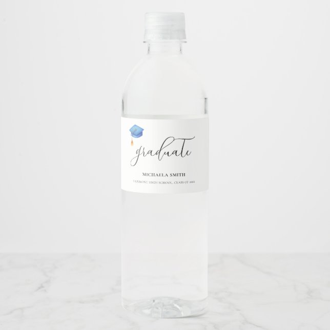 Simple Blue Graduation Cap Script Graduate Water Bottle Label (Front)