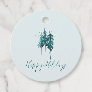 Simple Blue-Green Watercolor Pine Trees Christmas  Favour Tags