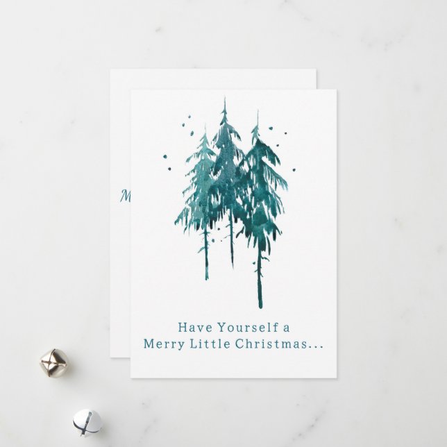 Simple Blue-Green Watercolor Pine Trees Christmas Holiday Card (Front/Back In Situ)