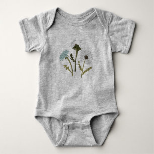 Simple Blue Grey Dandelion Whimsical Flower Motifs Baby Bodysuit