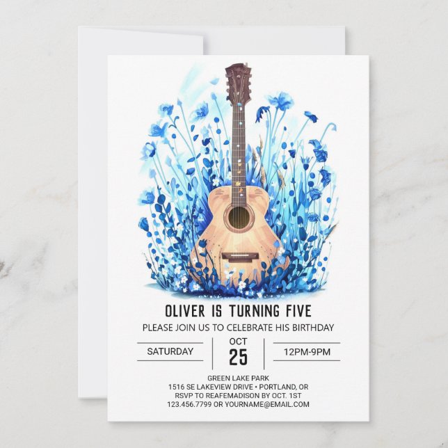 Simple Blue Guitar Boy Birthday Invitation (Front)