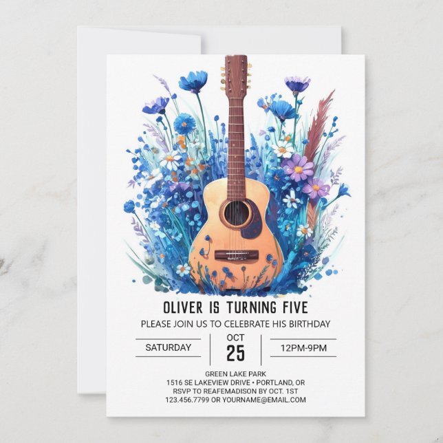 Simple Blue Guitar Boy Birthday Invitation (Front)