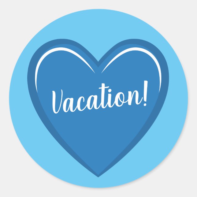 Simple Blue Heart Graphic with Vacation Text Classic Round Sticker (Front)