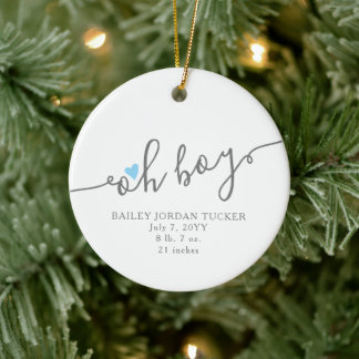 Simple Blue Heart OH BOY Baby's 1st Christmas Ceramic Tree Decoration