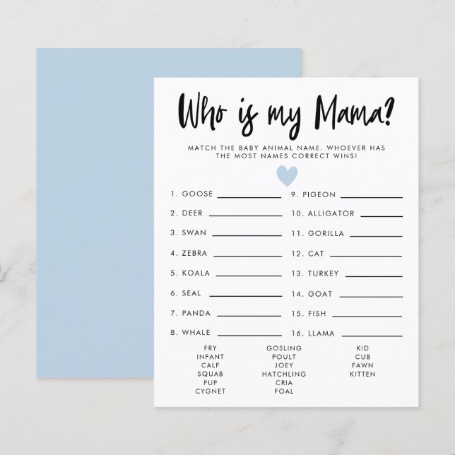 Simple Blue Heart Who Is My Mama Baby Shower Game (Front/Back)