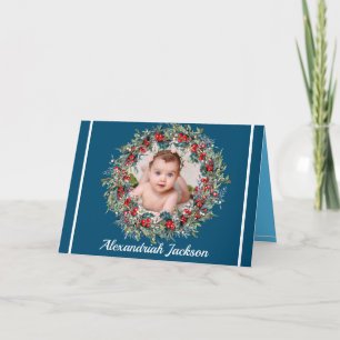 Simple Blue holiday family photo elegant wreath Card
