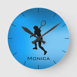 Simple Blue Holographic Modern Tennis Player Girl Round Clock