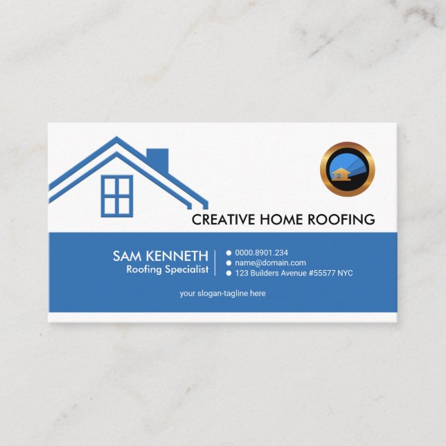 Simple Blue Home Roof Elegant Stylish Roofer Business Card (Front)