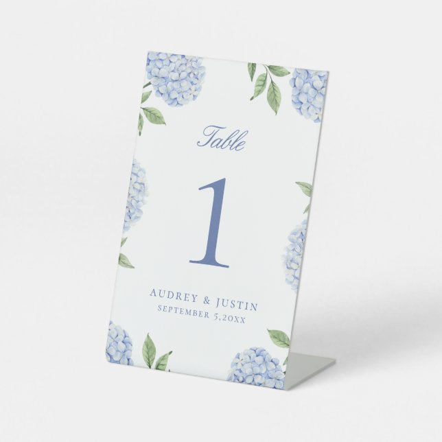 Simple Blue Hydrangea Flower Table Number Pedestal Sign (Front)