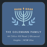 Simple Blue Menorah Candles Hanukkah Address Square Sticker<br><div class="desc">If you need any further customisation please feel free to message me on yellowfebstudio@gmail.com.</div>