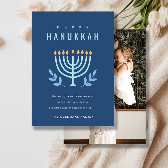 Simple Blue Menorah Candles Happy Hanukkah Photo Holiday Card (Creator Uploaded)