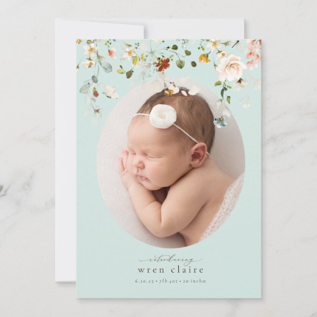 Simple Blue Mint Wildflowers Birth Announcement (Front)