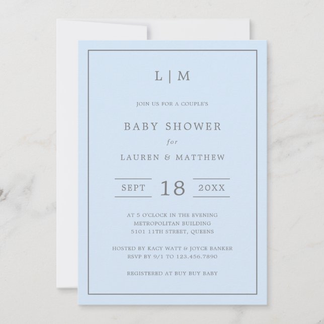 Simple Blue Monogram Boy Couples Baby Shower Invitation (Front)