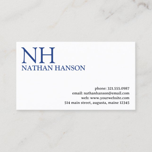 Simple Blue Monogram Modern Business Card (Front)