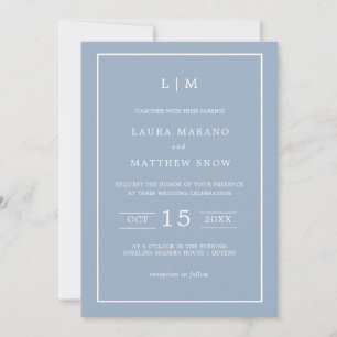Simple Blue Monogram Modern Wedding Invitation