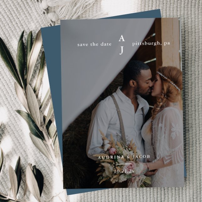 Simple Blue Monogram Photo Wedding Save The Date (Creator Uploaded)