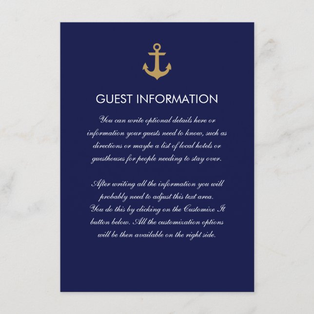 Simple Blue Nautical Anchor Wedding Insert Card (Front)