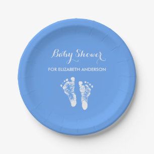 Simple Blue Newborn Footprints Boy Baby Shower Paper Plate