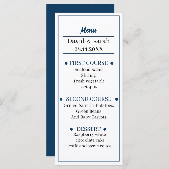 Simple Blue Personalised Wedding Menu (Front/Back)