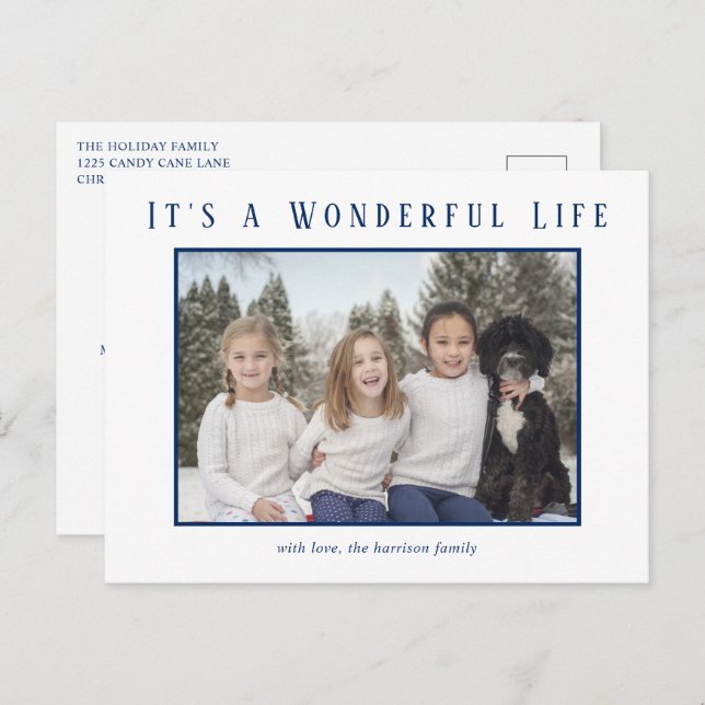 Simple Blue Photo Minimalist Modern Christmas Holiday Postcard (Front/Back)