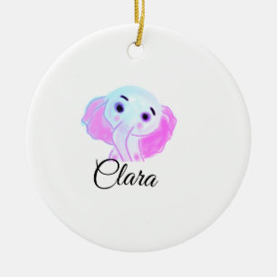 Simple blue pink baby elephant watercolor add name ceramic tree decoration