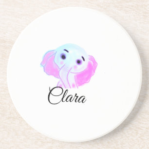 Simple blue pink baby elephant watercolor add name coaster