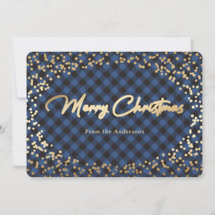 Simple Blue Plaid Gold Foil Christmas Cards