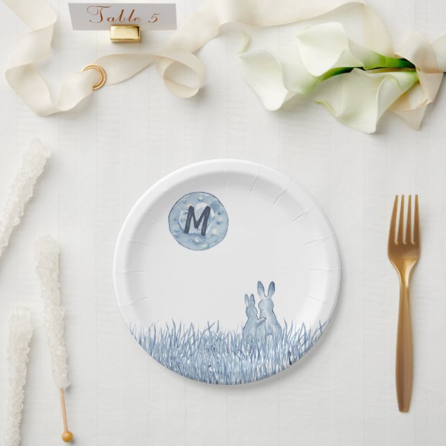 Simple Blue Rabbits, Moon Monogram Custom, Love Paper Plate (Wedding)