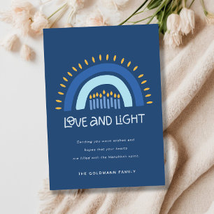 Simple Blue Rainbow Candles Love & Light Hanukkah Holiday Card
