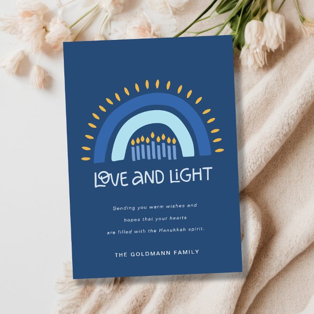 Simple Blue Rainbow Candles Love & Light Hanukkah Holiday Card (Creator Uploaded)