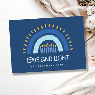 Simple Blue Rainbow Candles Love & Light Hanukkah Holiday Card