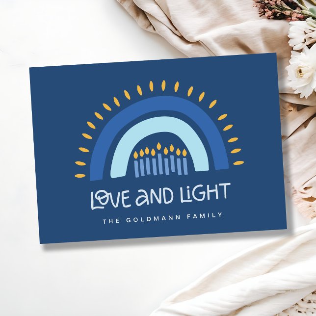 Simple Blue Rainbow Candles Love & Light Hanukkah Holiday Card (Creator Uploaded)